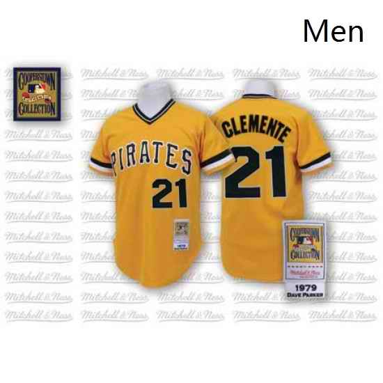 Mens Mitchell and Ness Pittsburgh Pirates 21 Roberto Clemente Replica Gold Throwback MLB Jersey